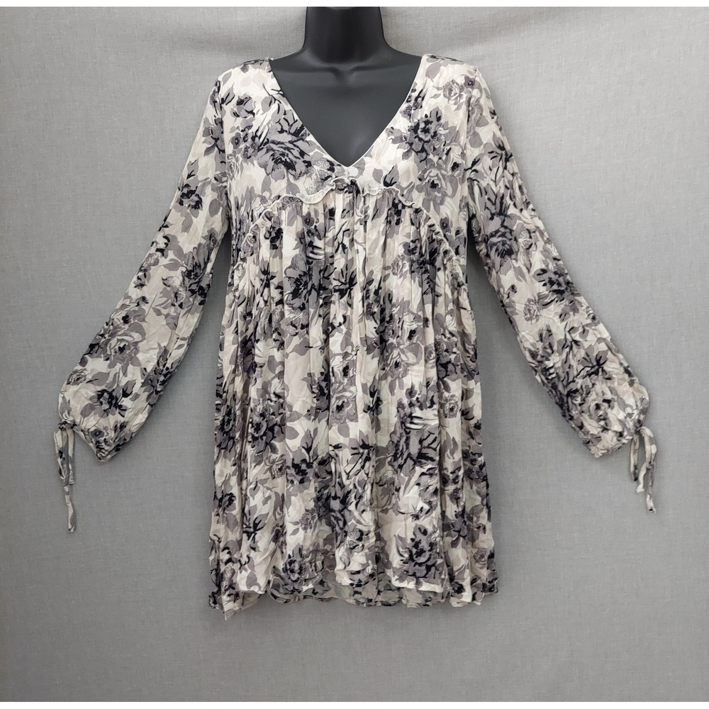 Floral Babydoll Dress S Gray Cream Empire Waist Cottagecore Boho Fairycore Flowy